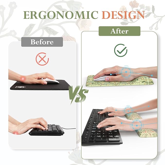 iCasso Mouse Pad with Wrist Rest,Large Desk Mat Set,Ergonomic Keyboard Pad with Wrist Support,Non-Slip Mouse Mat for Women,Cute Floral Computer Mat for Home Office Gaming (Light Green)