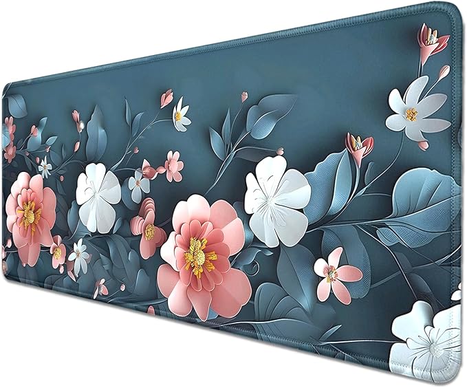 Blue Art Flowers Mouse Pad,Extended Abstract Floral Mousepad Desk Pad with Stitched Edges,Non-Slip Waterproof Rubber Base Mouse Mat for Office Computer Keyboard Laptop Home(27.5x11.8 in)