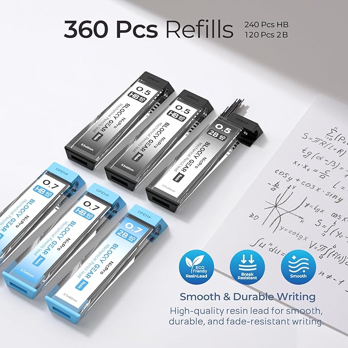 Nicpro Blocky Gear 0.5 mm & 0.7 mm Mechanical Pencils Set in Case, Metal Pencil with 6 Tube Lead Refills, Eraser, Eraser Refills for Professional & Adult Art Writing Drafting Drawing Sketching