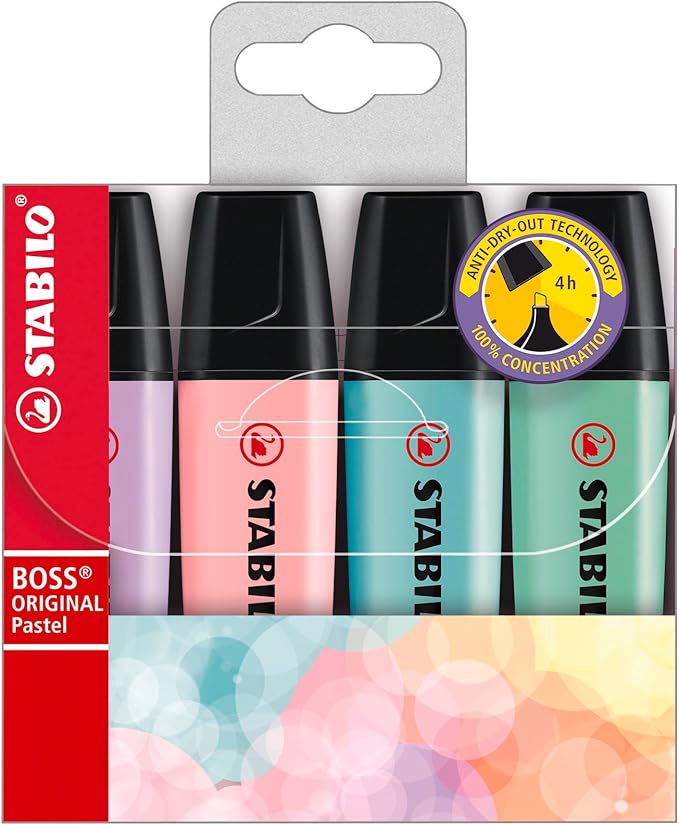 STABILO Highlighter BOSS ORIGINAL Pastel - Pack of 4 - Hint of Mint, Pink Blush, Lilac Haze, Touch of Turquoise, Chisel Tip
