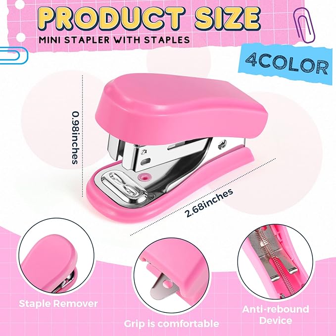 Ctosree 12 Pcs Mini Stapler Bulk with Boxes Staples Pink Small Staplers Set Built in Staple Remover, Cute Hand Held Desk Gifts for Back to School Office Supplies, 3 Colors