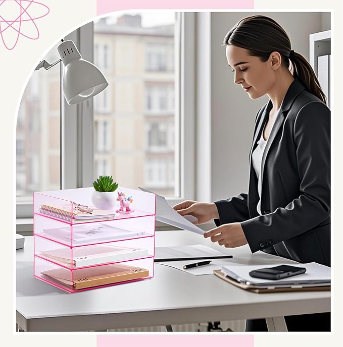 Harloon 4 Tier Acrylic Paper Tray Paper Organizer for Desk Clear File Organizer 12. 4 x 8. 7 x 2. 7 Inches File Tray for Office Workspace Desktop Storage, No Need to Assemble (Transparent Pink)