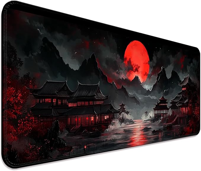 Japanese Dreamy Lakescape Full Moon Gaming Desk Mat, Computer Keyboard Large Extended Long Mouse Pad for Office and Home, XL (W07)