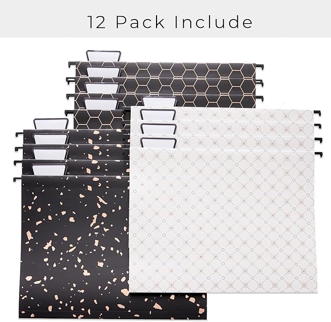 Y YOMA 12 Pack Decorative Hanging File Folders Letter Size Rose Gold File Folder Pretty Hanging Folder Organizer for Filing Cabinet Office Home with 1/5-Cut Adjustable Tabs, 3 Black Foil Design