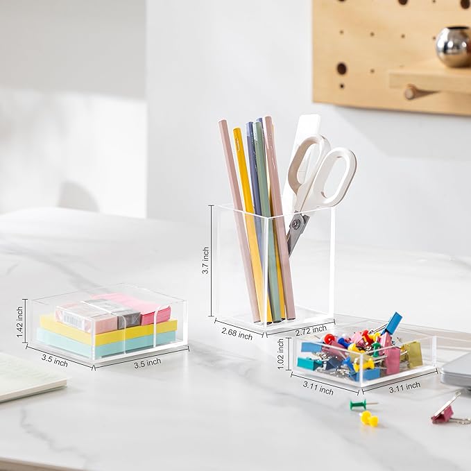 HBlife Office Desk Organizer Set of 3 with Pen Pencil Holder, Paperclip Storage and Sticky Note Holder, Clear Acrylic Desktop Accessories and Workspace Organizers for Women or Men