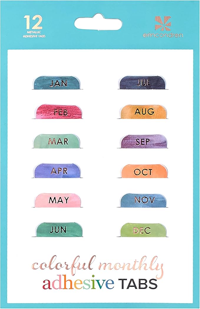 Erin Condren Designer Accessories - Monthly Adhesive Tabs, Metallic, Multicolored Brushstroke (Set of 12). Great for Organizing and Sorting in Planners, Agendas, or Notebooks by Month