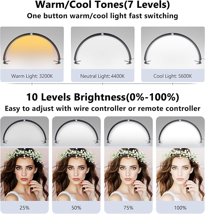 Half Moon Light for Nail Desk, 29in Half Moon Table Lamp Nail Desk Lamp with Wire Controller & Remote, Lash Light Lamp for Eyelash Extensions Tattoo PMU, 7 Cool/Warm Tones & 10 Brightness