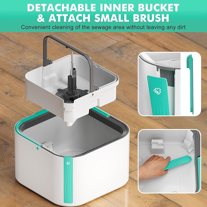 Upgraded Spin Mop and Bucket System Set, Self Separate Clean and Dirty Water, Foldable Square Standing Mop Head with Microfiber Mop Pads, Detachable Bucket (White+Blue, Mop Set with 6PC Pads)