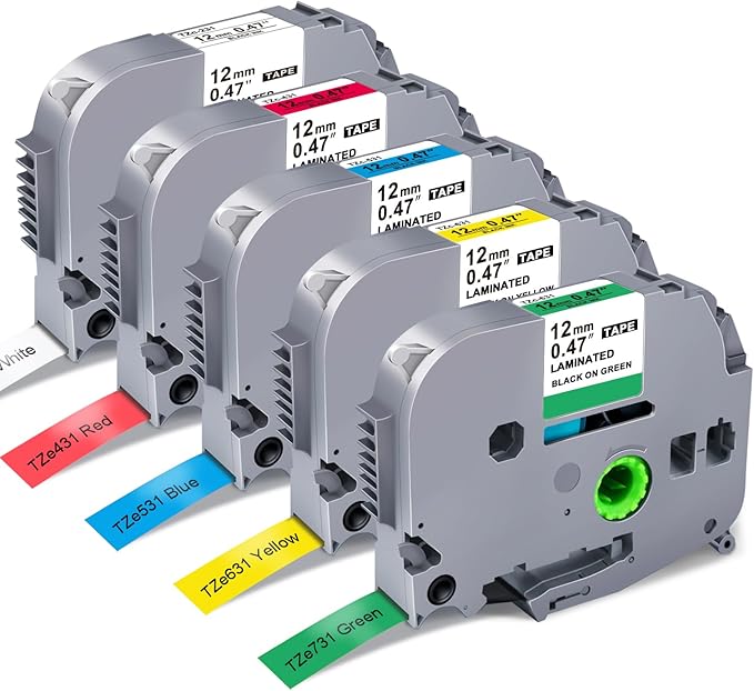 5-Pack Label Maker Tape Replace for Brother TZe TZ Tape 12mm 0.47 Laminated Colored White/Red/Blue/Yellow/Green Compatibel with Brother P Touch Label Maker PTH110 PTD220 PTD210 PT-D410