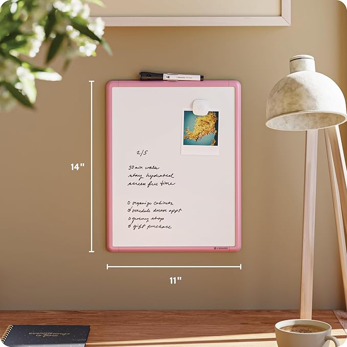 U Brands Contempo Magnetic Dry Erase Board White Board, 11” x 14”, Blush Pink Modern Frame, Includes Magnet and Marker