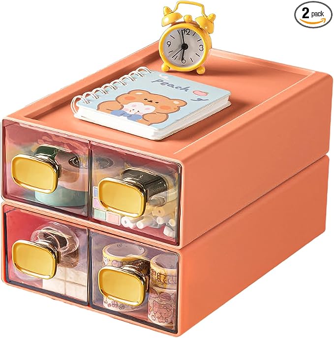 2PACK Stackable Storage Drawers for Desktop 6.5Wx9Lx3H Plastic Desk Organizer with Drawer Samll Storage Drawers for Desk Clear Storage Container for Hairpins, Cords, Markers(Orange, M-2 Drawer)