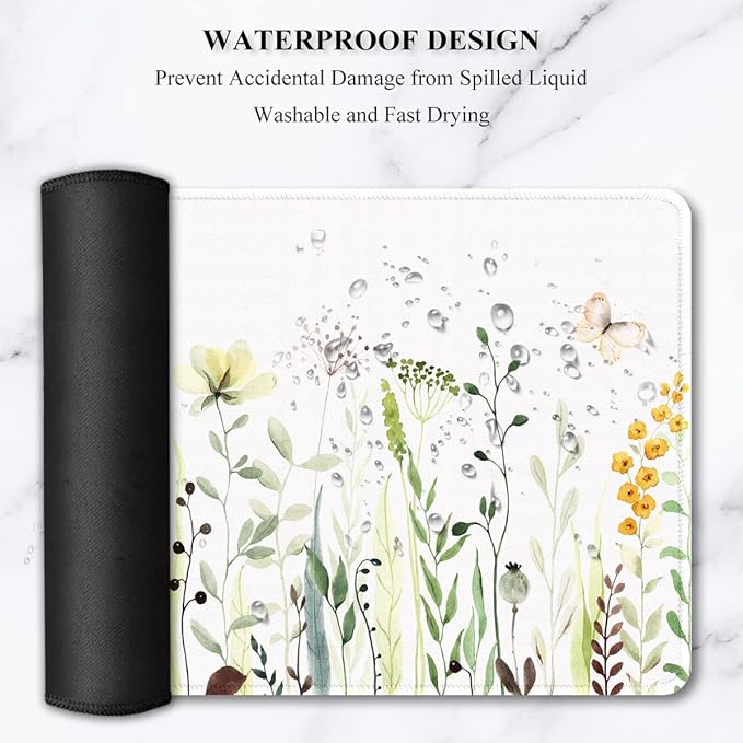 Auhoahsil Desk Pad, XXL Large Mouse Pad, Extended Gaming Mousepad, Cute Desk Mat for Women, Big Office Accessories Mouse Pad for Computer Keyboard and Laptop, 35.6" x 15.7", White Wildflower Butterfly