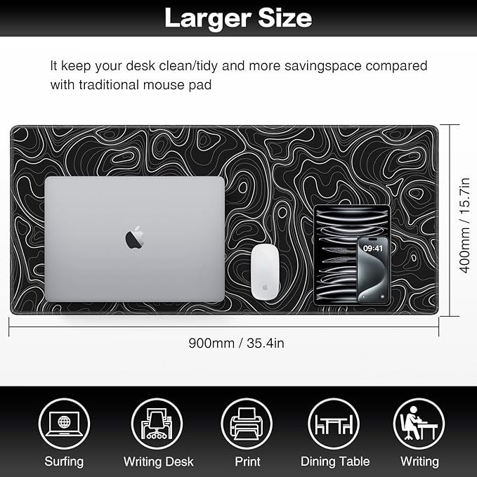 Black Mousepad, Large Mouse Pad XXL 35.4×15.7in, Extended Computer Keyboard Mouse Mat Desk Pad for Laptop with Stitched Edges, Waterproof Mousepad for Gamer Home&Office Women