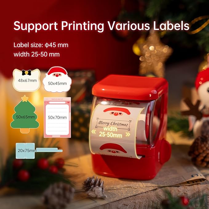 NEW1 Label Printer +4 Rolls Labels, 2 Inch Portable Inkless Bluetooth Label Maker for Small Business, Home, School, Automatic Label Recognition, Sticker Printer for Address Logo Barcode Clothing（Red）