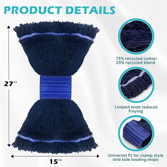 Heavy Duty Commercial Mop with 77inch Long Handle, Looped-End String Wet Mop with 12 Mop Heads for Home, Garage, Office Floor Cleaning (Blue-Orange)