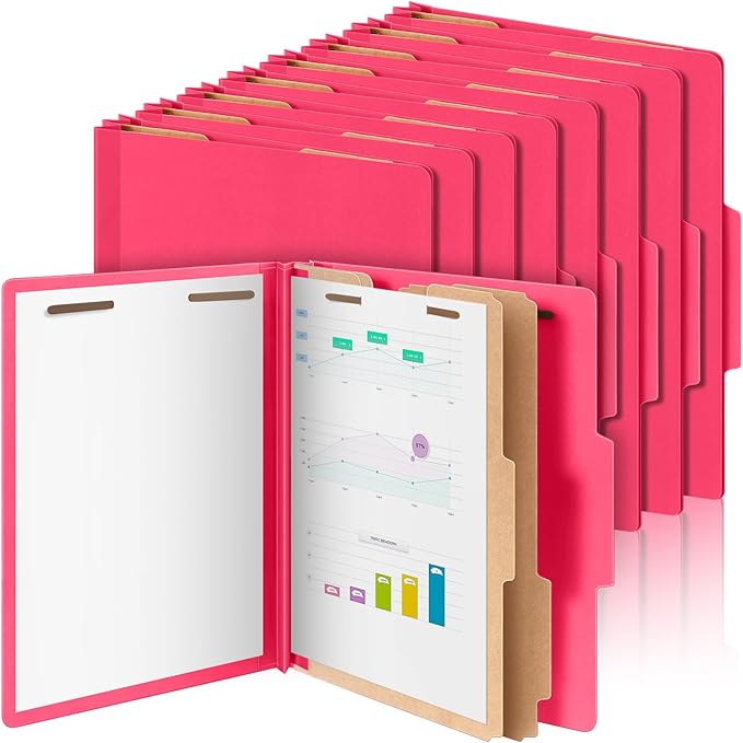 12 Pcs Classification Folders Letter Size Bulk - 2 Dividers Pressboard File Folder with 3. 5 Inch Expansion, 2 Prongs Fastener, Heavy Duty Office File Organizer for Teacher Medical (Hot Pink)