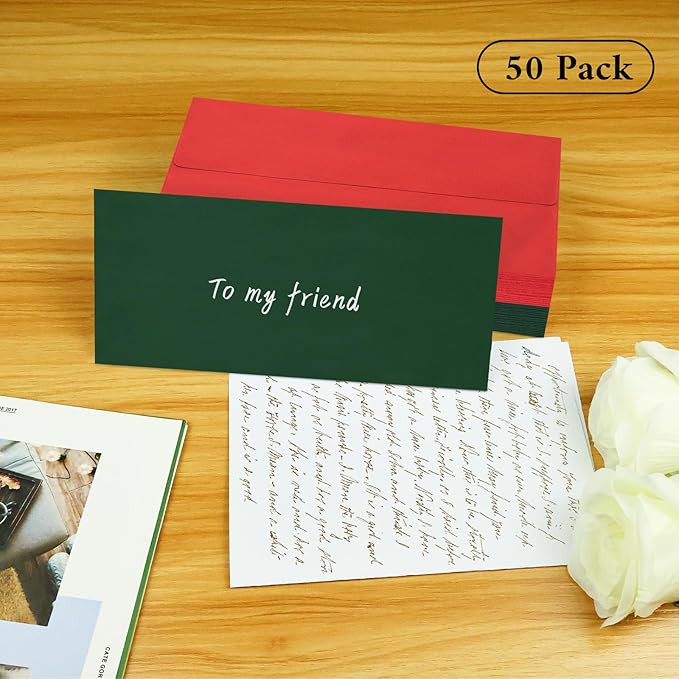 50 Pcs #10 Business Envelopes, 25 Pcs Red and 25 Pcs Dark Green Standard Envelopes Self Seal, Letter Size Mailing Envelopes for Christmas Birthday Graduation Wedding, 4 1/8 x 9 1/2 Inch