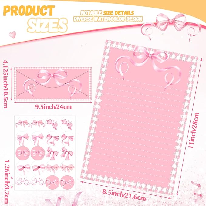 TaoBary 160 Pcs Stationery Paper Set 50 Double Sided Stationery Papers with 50 Matching Envelopes and 60 Round Dot Sticker, 10 Design(Pink Bow,8.5 x 11 Inch)
