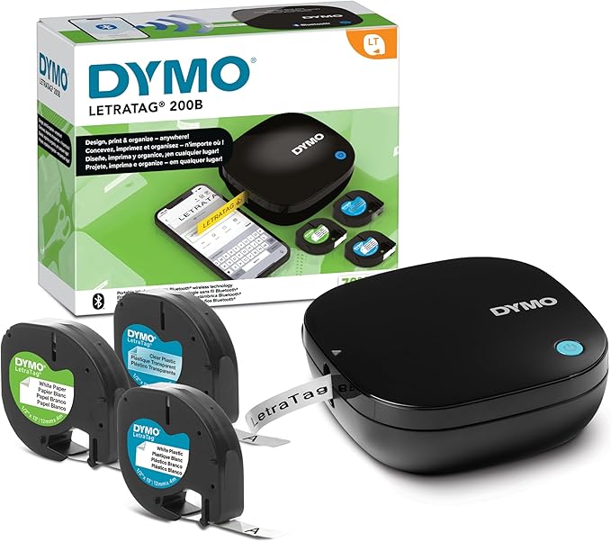 DYMO LetraTag 200B Bluetooth Compact Label Maker, Value Pack, Wireless Connection to iOS and Android, Includes 3 Assorted Label Tapes