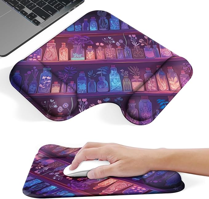 Ergonomic Mouse Pad with Gel Wrist Rest (1"& 1.2" Dual Height) - Mouse Pads Compact Mousepad Desk Mat Office, Gaming & Carpal Tunnel Relief | Non-Slip Rubber Base Mystical Potion Bottles