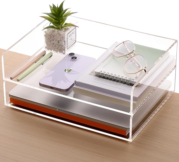 SANRUI Acrylic Paper Tray Organizer for Desk,Desk Organizers and Accessories,2 Pack Stackable Paper Organizer for Letter,Documents,Books,Magazines Crystal-Clear File Organizer