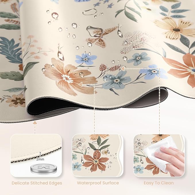 HAOCOO Scalloped Desk Matt for Desktop, Non-Slip Mouse Pad, Washable Cute Desk Pad Mat, Floral Keyboard Mat with Edge Stitching, Large Mouse Mat for Office Aesthetics, Home Decor(Beige)
