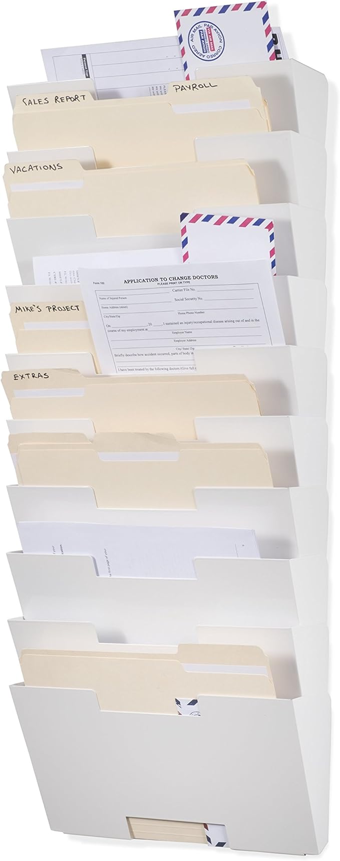 Wallniture Lisbon 10-Tier Wall Mounted File Holder and Desk Organizer, Metal White Office Organization and Storage Rack