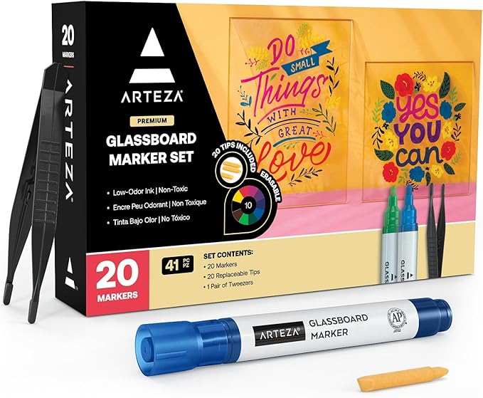 ARTEZA Glass Board Markers, 20 Pack Assorted Colors for Whiteboards, Mirrors, and Windows, Erasable Dry Erase Markers, Office and School Supplies