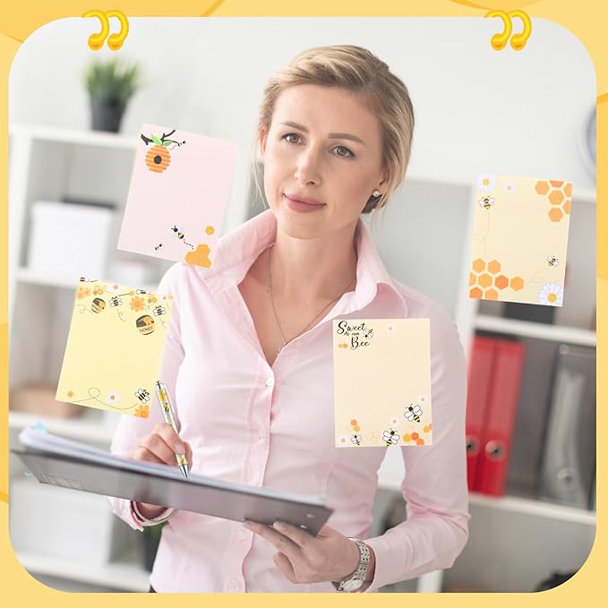 24 Pcs Bee Sticky Notes with Pens Bee Themed Gifts Self Adhesive Notepad Cute Memo Notes Pads Black Ink Ballpoint Pen for Animal Lover Christmas Gifts Office School Students Teacher Supplies
