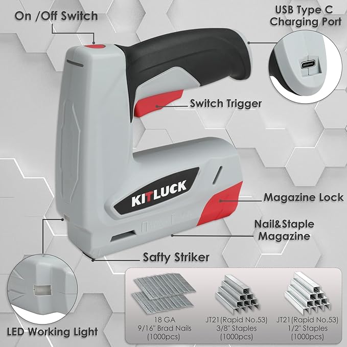 KITLUCK Electric Staple Gun, 2-in-1 Cordless Brad Nailer, 4V Electric Stapler Kit with 2000 Staples and 1000 Nails, USB Charger, 2000mAh Li-ion Battery for Home Use, Wood, Fabric, Upholstery, DIY