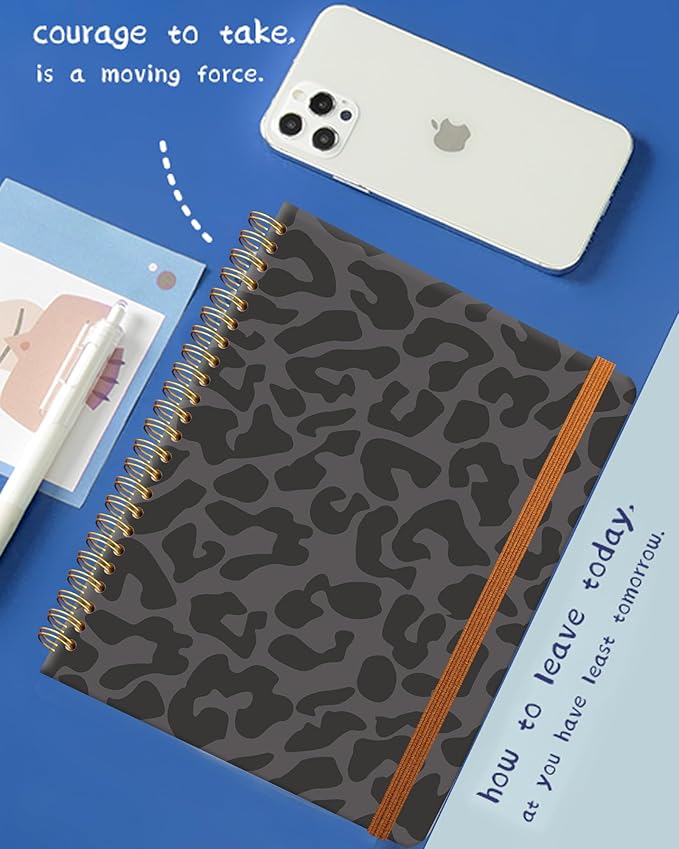 Ruled Spiral Writing Notebook,A5 Hardcover Lined College Journal for Women,Strong Twin-Wire Binding with Premium Paper,8.4" X 6",Perfect for School,Office,Home(Black Leopard)