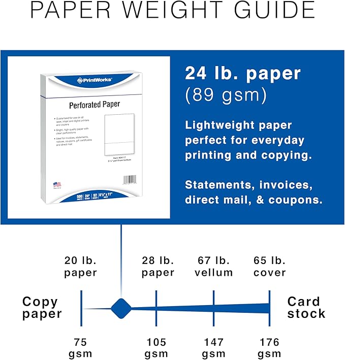 PrintWorks Professional 3 1/4" Horizontal Perforated Paper 8.5” x 11” - Perfect For W-2, 1099, & Statement Use - Made in the USA - 500 Sheets - 20 lb - Printer Compatible - White (04115)