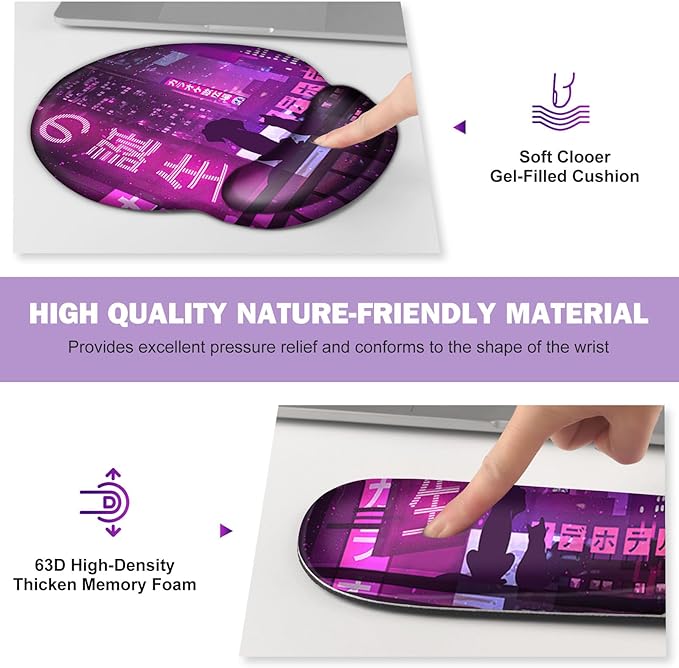 Gaming Mouse Pad, Large Desk Mat, Cute Desk Pad, 4in1 XXL Mousepad + Keyboard Wrist Rest+Mouse Wrist Rest+Coaster Set with Ergonomic Desk Pad for Home Office Table Computer, Purple Anime Neon