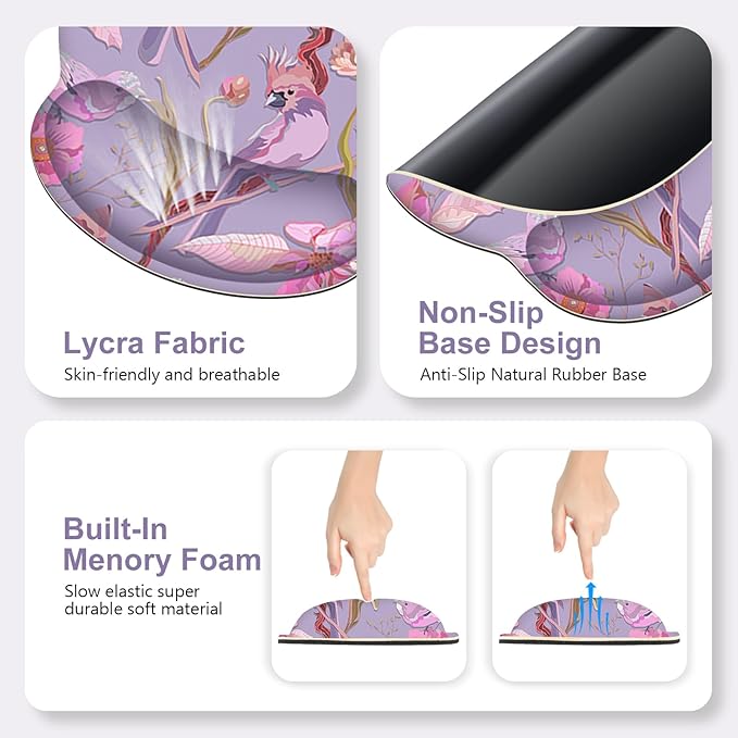 Flower Desk Mat, 4in1 Large Mouse Pad with Wrist Rest, Cute Desk Matt for Desktop, Desk Pad Mat, Anti-Slip XXL Computer Ergonomic Mousepad with Wrist Support for Keyboard and Mouse I Purple Bird