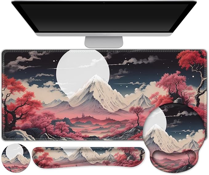 AIMSA Keyboard Mouse Pad Wrist Rest Set, Large Gaming Mouse Desk Pad with Wrist Support Ergonomic Design, 4 in 1 Mousepad for Home Office, Sakura Snow Mountain