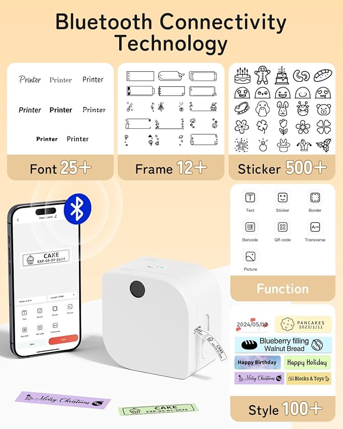Phomemo P12 Label Maker Machine with Tape, Bluetooth Small Thermal Label Printer with Multiple Templates Mini Label Maker for Home, School, Organization, Office, White