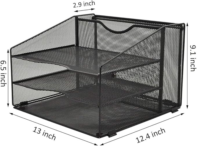 EASEPRES Mesh Desktop File Organizer, Document Mail Desk Folder Holder with 3 Paper Letter Tray and 1 Vertical Upright Compartment for Office Supplies, Desk Accessories & Workspace, Black