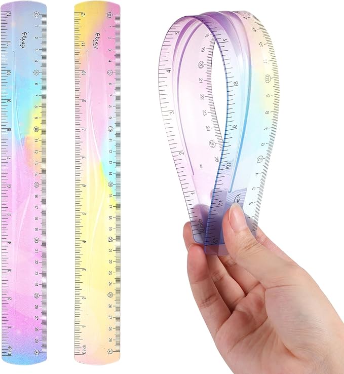 2Pcs Flexible Ruler, Ymapinc 12 Inch Bendable Ruler Plastic Bend Ruler with Centimeters and Inches Colorful Straight Foldable Ruler for School Classroom Office Kids Adults Student