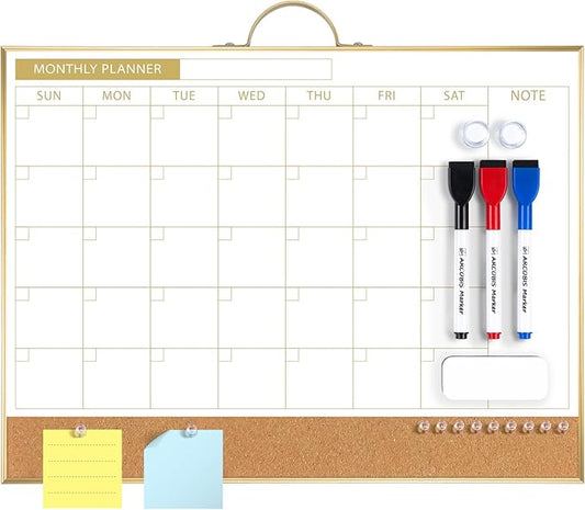 ARCOBIS Dry Erase Calendar with Cork Board for Wall, 12"x16" Double-Sided Calendar Whiteboard & White Board with Gold Frame, Magnetic Monthly Planning Board for Home, Office, School