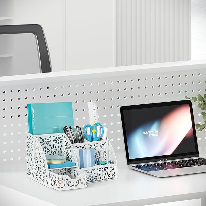 EasyPAG Pen Holder Desk Organizer with Drawer Pencil Cup for Desk 6 Compartments Metal Office Caddy Storage with Sticky Notes Holder for School Home Office, White