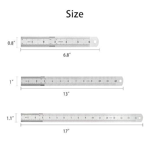 Stainless Steel Ruler Set, 6 Inch 12 Inch and 16 Inch Metal Rulers for Precision Measuring, 3-Pack