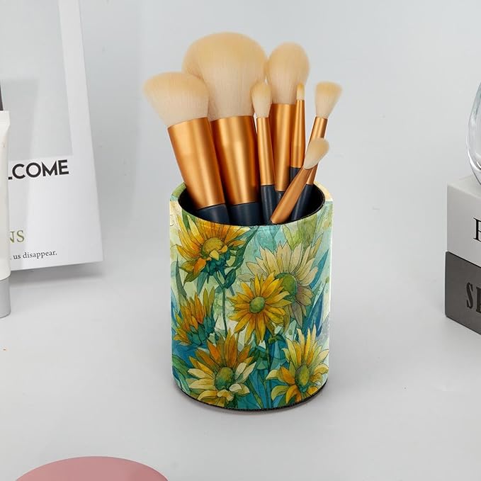 Watercolor Art Sunflower PVC Leather Circular Pencil Holder for Desk Organizer Stationery Holder for Office, School(3.9 x 3.1 Inches)