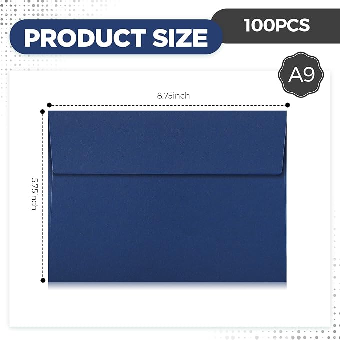Harloon 100 Pcs A9 Envelopes 5.75 x 8.75 Inch Self Adhesive Wedding Invitation Envelopes Paper Greeting Card Envelopes for Photos Documents Letters Announcements Baby Shower Office (Navy Blue)