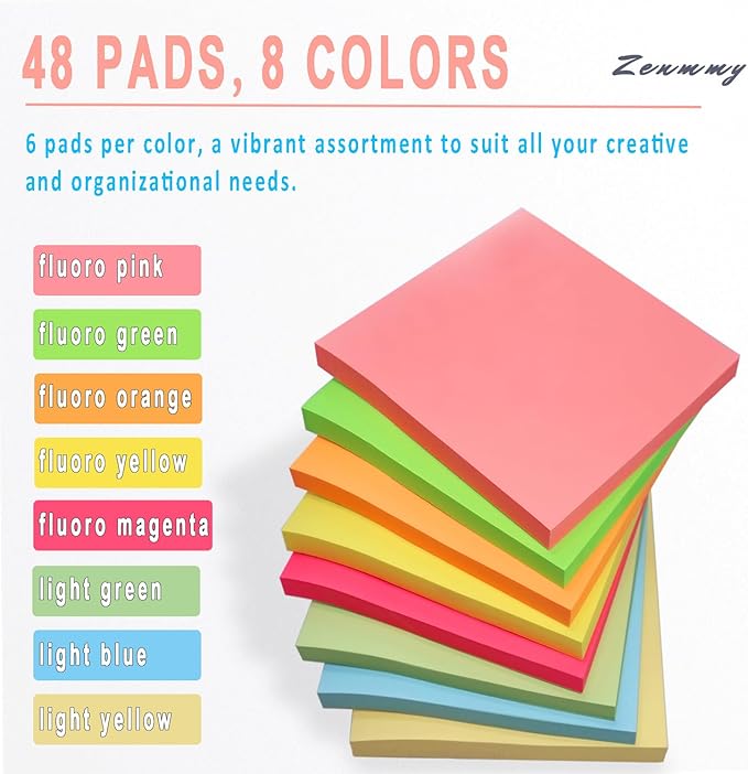 Sticky Notes 3x3 Inches, Self-Stick 48 Pads Bulk, 8 Bright Colors, Colorful Self-Adhesive Notes Pads for Home, School, Office, Notebook, 75 Sheets/Pad