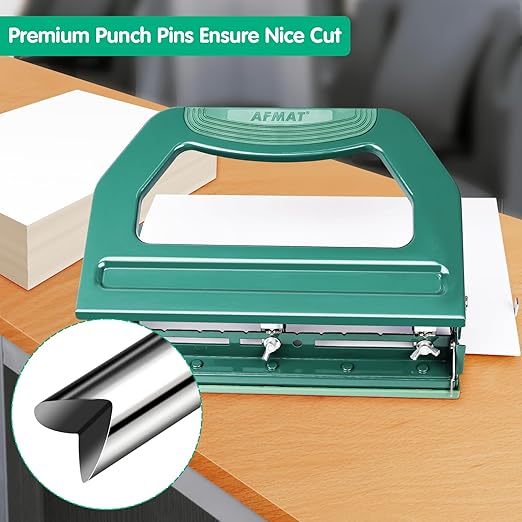 AFMAT HP18 Heavy Duty 3 Hole Punch, 50-Sheet Hole Puncher 3 Ring, 50% Reduced Effort, Adjustable Two & Three Hole Punch, Metal Paper Puncher w/Large Chip Tray, Metal Paper Guide, Green