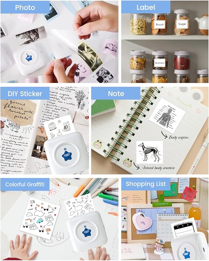 vretti Sticker Printer - TP2-Y Mini Portable Thermal Printer Inkless Sticker Maker Machine Bluetooth Label Maker Pocket Instant Print for Study Graphics, Anatomical Diagrams, Photos, Students