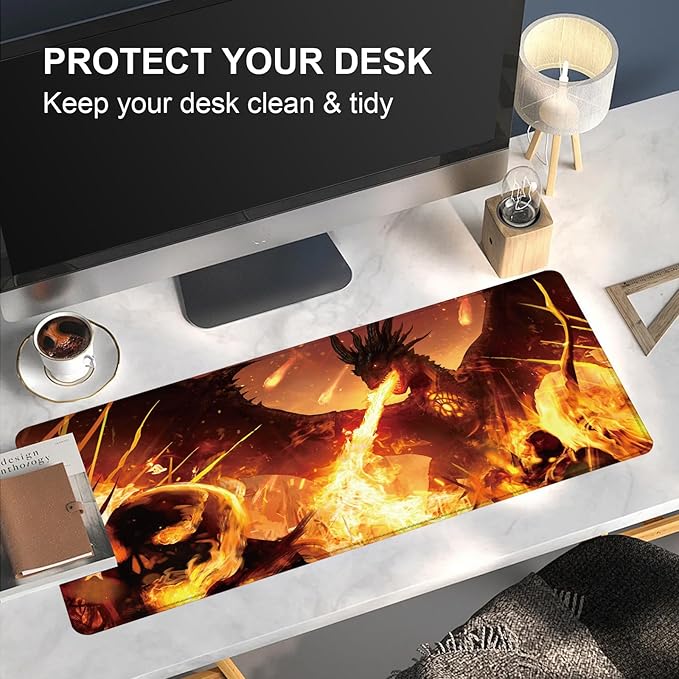 Large Desk Mat, Desk Matt for Desktop, Computer Gaming Mouse Pads, Anti-Slip Rubber Base, Stitched Edges Soft Mat for Desktop Office Home 31.5 x 11.8 Inches (Flaming Dragon)