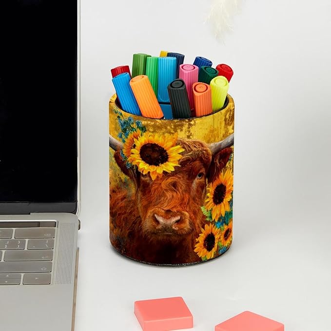 Watercolor Art Yak PVC Leather Circular Pencil Holder for Desk Organizer Stationery Holder for Office, School(3.9 x 3.1 Inches)