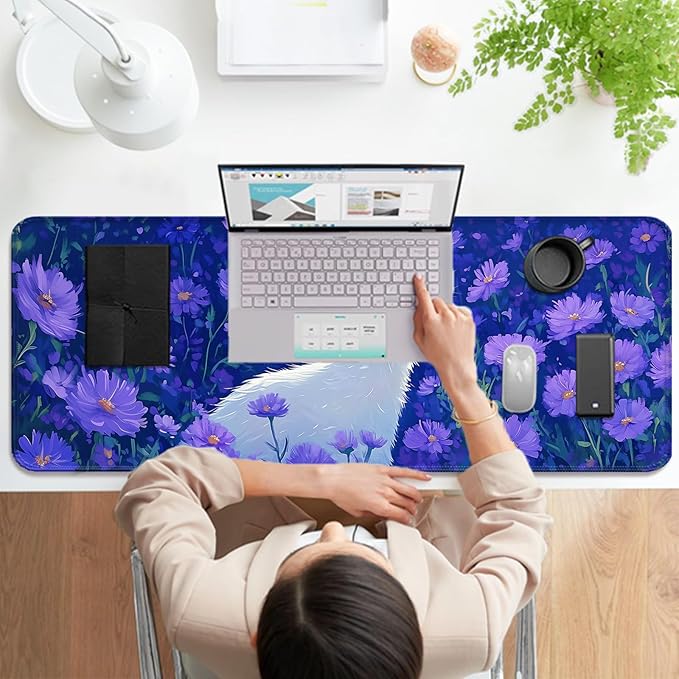 Cute White Cat and Purple Daisy Gaming Desk Mat, Computer Keyboard Large Extended Long Flower Mouse Pad for Office and Home, XL (W25)