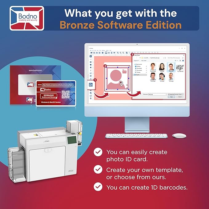 Bodno Seaory R330 Retransfer Dual Sided ID Card Printer & Complete Supplies Package ID Software and Camera - Bronze Edition